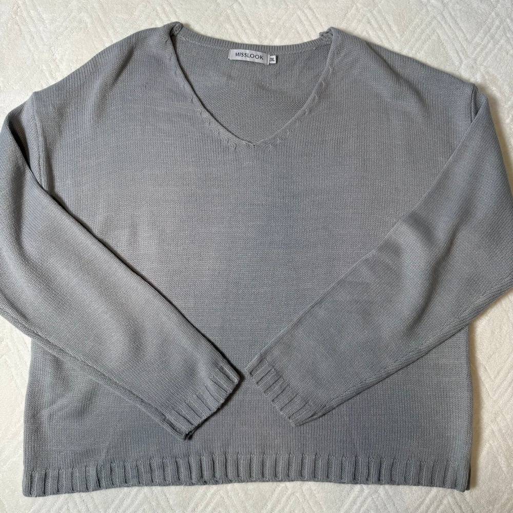 Cozy Minimalist Plus Size Gray Wool Blend V Neck Knit Sweater Women's 3XL